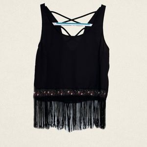 Monteau Embroidered Fringe Sleeveless Boho Top